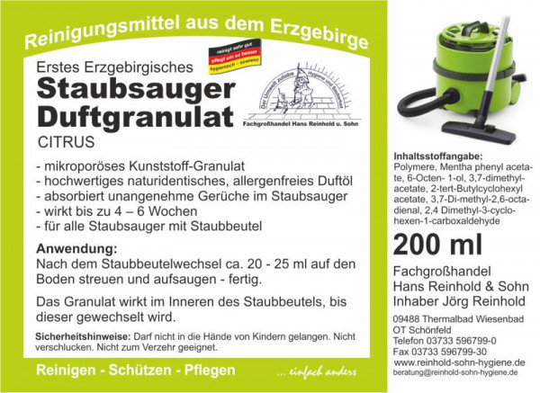 Erstes Erzgebirgisches Staubsauger-Duftgranulat Citrus 200 ml, duftende Frische für Staubsauger