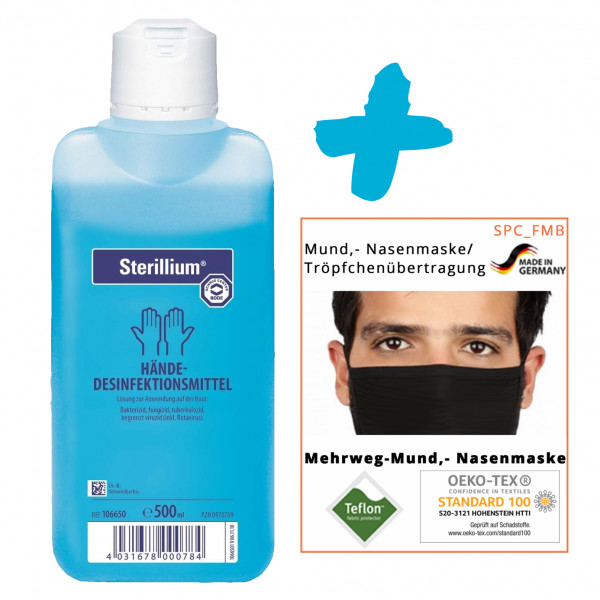 500ml Sterillium® classic pure Händedesinfektion + 10 Stück Textile Mund-Nasenmaske schwarz +++ SET