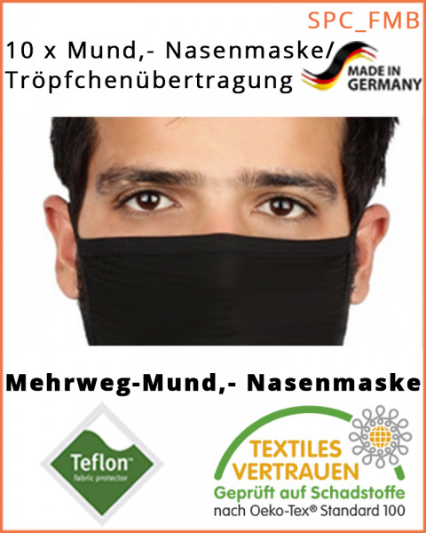 10 Stück Mundschutz, textile Mund-Nasenmaske, Behelfsmaske, Black-Edition, schwarz 10er Pack